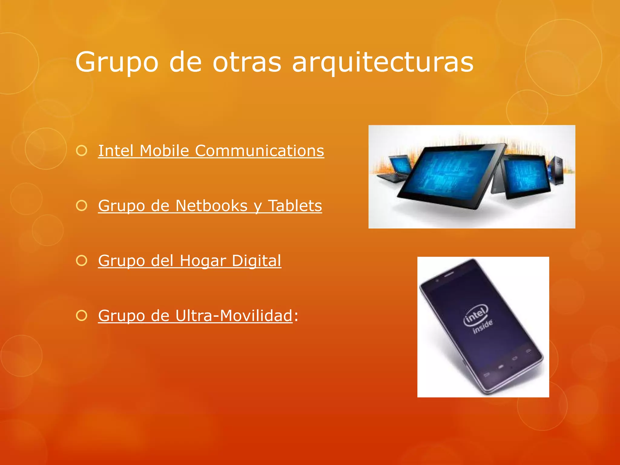 Grupo de otras arquitecturas
 Intel Mobile Communications
 Grupo de Netbooks y Tablets
 Grupo del Hogar Digital
 Grupo de Ultra-Movilidad:
 