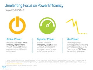 Unrelenting Focus on Power Efficiency
Xeon E5-2600 v2

Active Power

Dynamic Power

Idle Power

Delivering up to 45%1 power
efficiency improvements
through enhanced fine grain
power controls and 22nm trigate process

Efficient Turbo that
intelligently adapts to peak
workloads conditions and
disengages when Memory
and I/O are the bottlenecks

Low leakage process
technology and power gating
technology contribute to Idle
Power of up to 23%1 lower
than previous generation

1. Source: Intel internal measurements: [Baseline Configuration and Score on SPECPower_ssj2013* benchmark. Idle power based on , Intel® Xeon ® processor E5- 26xx v2
(12C, 2.5GHz, 95W), 28 March 2013]. Results have been simulated and are provided for informational purposes only. Results were derived using simulations run on an
architecture simulator or model. Any difference in system hardware or software design or configuration may affect actual performance. Intel product plans in this presentation do
not constitute Intel plan of record product roadmaps. Please contact your Intel representative to obtain Intel’s current plan of record product roadmaps. For more information go
to http://www.intel.com/performance
*Other names and brands may be claimed as the property of others.

10
INTEL CONFIDENTIAL

 