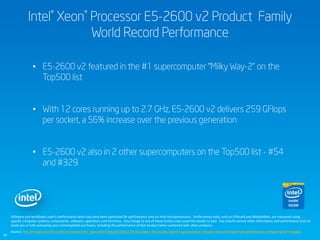 Intel® Xeon® Processor E5-2600 v2 Product Family
World Record Performance
• E5-2600 v2 featured in the #1 supercomputer “Milky Way-2” on the
Top500 list
• With 12 cores running up to 2.7 GHz, E5-2600 v2 delivers 259 GFlops
per socket, a 56% increase over the previous generation
• E5-2600 v2 also in 2 other supercomputers on the Top500 list - #54
and #329

Software and workloads used in performance tests may have been optimized for performance only on Intel microprocessors. Performance tests, such as SYSmark and MobileMark, are measured using
specific computer systems, components, software, operations and functions. Any change to any of those factors may cause the results to vary. You should consult other information and performance tests to
assist you in fully evaluating your contemplated purchases, including the performance of that product when combined with other products.
14

Source: http://newsroom.intel.com/community/intel_newsroom/blog/2013/06/17/intel-powers-the-worlds-fastest-supercomputer-reveals-new-and-future-high-performance-computing-technologies

 