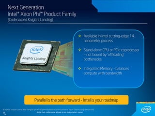 Next Generation
Intel® Xeon Phi™ Product Family
(Codenamed Knights Landing)

 Available in Intel cutting-edge 14
nanometer process
 Stand alone CPU or PCIe coprocessor
– not bound by ‘offloading’
bottlenecks
 Integrated Memory - balances
compute with bandwidth

Parallel is the path forward - Intel is your roadmap
All products, computer systems, dates and figures specified are preliminary based on current expectations, and are subject to change without notice.

34
34

Note that code name above is not the product name

 