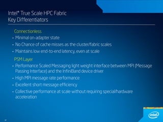 Intel® True Scale HPC Fabric
Key Differentiators
Connectionless
- Minimal on-adapter state
- No Chance of cache misses as the cluster/fabric scales
- Maintains low end-to-end latency, even at scale
PSM Layer
- Performance Scaled Messaging light weight interface between MPI (Message
Passing Interface) and the InfiniBand device driver
- High MPI message rate performance
- Excellent short message efficiency
- Collective performance at scale without requiring special/hardware
acceleration

37

 