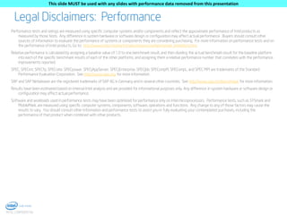 This slide MUST be used with any slides with performance data removed from this presentation

Legal Disclaimers: Performance
Performance tests and ratings are measured using specific computer systems and/or components and reflect the approximate performance of Intel products as
measured by those tests. Any difference in system hardware or software design or configuration may affect actual performance. Buyers should consult other
sources of information to evaluate the performance of systems or components they are considering purchasing. For more information on performance tests and on
the performance of Intel products, Go to: http://www.intel.com/performance/resources/benchmark_limitations.htm.
Relative performance is calculated by assigning a baseline value of 1.0 to one benchmark result, and then dividing the actual benchmark result for the baseline platform
into each of the specific benchmark results of each of the other platforms, and assigning them a relative performance number that correlates with the performance
improvements reported.
SPEC, SPECint, SPECfp, SPECrate. SPECpower, SPECjAppServer, SPECjEnterprise, SPECjbb, SPECompM, SPECompL, and SPEC MPI are trademarks of the Standard
Performance Evaluation Corporation. See http://www.spec.org for more information.
SAP and SAP NetWeaver are the registered trademarks of SAP AG in Germany and in several other countries. See http://www.sap.com/benchmark for more information.
Results have been estimated based on internal Intel analysis and are provided for informational purposes only. Any difference in system hardware or software design or
configuration may affect actual performance.
Software and workloads used in performance tests may have been optimized for performance only on Intel microprocessors. Performance tests, such as SYSmark and
MobileMark, are measured using specific computer systems, components, software, operations and functions. Any change to any of those factors may cause the
results to vary. You should consult other information and performance tests to assist you in fully evaluating your contemplated purchases, including the
performance of that product when combined with other products.

4
INTEL CONFIDENTIAL

 