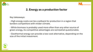 2. Energy as a production factor
Key takeaways:
- High energy costs can be a setback for production in a region that
borders competitors with milder climate.
- While biomass is probably used more often than any other source of
green energy, its competitive advantages are somewhat questionable.
- Geothermal energy can provide a low-cost alternative, depending on the
size of the initial investment.
 