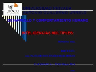 UNIVERSIDAD PRIVADA
ANTONIO GUILLERMO URRELO
INTELIGENCIAS MÚLTIPLES:
SEMANA VIII.
DOCENTE:
Lic. Ps. FLOR DAYANARA RUIZ ROSAS
CAJAMARCA – 19-24 Mayo, 2014
FDRR/
DESARROLLO Y COMPORTAMIENTO HUMANO
 