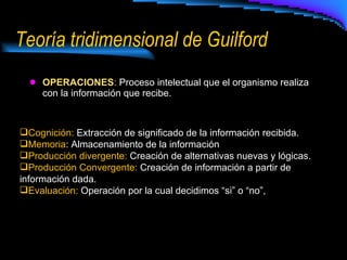 Teoría tridimensional de Guilford OPERACIONES :  Proceso intelectual que el organismo realiza con la información que recibe. Cognición:  Extracción de significado de la información recibida. Memoria : Almacenamiento de la información  Producción divergente:  Creación de alternativas nuevas y lógicas.  Producción Convergente:  Creación de información a partir de información dada.  Evaluación:  Operación por la cual decidimos “si” o “no”,  
