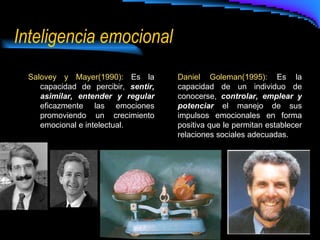 Inteligencia emocional Daniel Goleman(1995):  Es la capacidad de un individuo de conocerse,  controlar, emplear y potenciar  el manejo de sus impulsos emocionales en forma positiva que le permitan establecer relaciones sociales adecuadas. Salovey y Mayer(1990):  Es la capacidad de percibir,  sentir, asimilar, entender y regular  eficazmente las emociones promoviendo un crecimiento emocional e intelectual. 