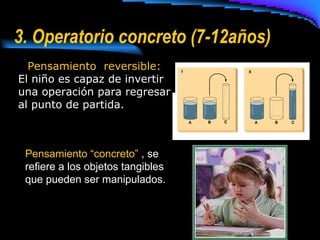 3. Operatorio concreto (7-12años) Pensamiento “concreto”  , se refiere a los objetos tangibles que pueden ser manipulados. Pensamiento  reversible:  El niño es capaz de invertir una operación para regresar al punto de partida.  