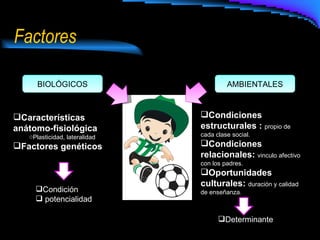 Factores BIOLÓGICOS AMBIENTALES Características anátomo-fisiológica Plasticidad, lateralidad Factores genéticos Condición potencialidad Condiciones estructurales :  propio de cada clase social. Condiciones relacionales:  vinculo afectivo con los padres. Oportunidades culturales:  duración y calidad de enseñanza. Determinante 