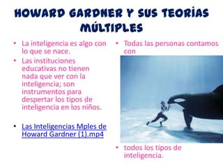 Howard Gardner y sus teorías múltiplesLa inteligencia es algo con lo que se nace.Las instituciones educativas no tienen nada que ver con la inteligencia; son instrumentos para despertar los tipos de inteligencia en los niños.Las Inteligencias Mples de Howard Gardner (1).mp4Todas las personas contamos contodos los tipos de inteligencia.