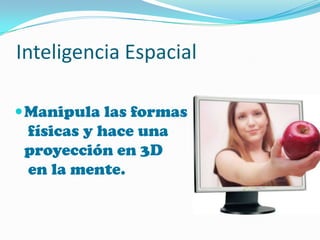 Inteligencia EspacialManipula las formas físicas y hace una proyección en 3D en la mente.