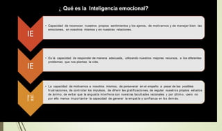 ¿ Qué es la Inteligencia emocional?
• Capacidad de reconocer nuestros propios sentimientos y los ajenos, de
emociones, en nosotros mismos y en nuestras relaciones.
motivarnos y de manejar bien las
• Es la capacidad de responder de manera adecuada, utilizando
problemas que nos plantea la vida.
nuestros mejores recursos, a los diferentes
• La capacidad de motivarnos a nosotros mismos, de perseverar en el empeño a pesar de las posibles
frust raciones, de cont rolar los impulsos, de diferir las grat ificaciones, de regular nuest ros propios estados
de ánimo, de evit ar que la angust ia int erfiera con nuest ras facult ades racionales y por últ imo, -pero no
por ello menos important e- la capacidad de generar la empat ía y confianza en los demás.
íllE
 