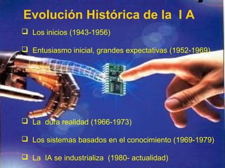  Los inicios (1943-1956)
 Entusiasmo inicial, grandes expectativas (1952-1969)
 La dura realidad (1966-1973)
 Los sistemas basados en el conocimiento (1969-1979)
 La IA se industrializa (1980- actualidad)
Evolución Histórica de la I A
 
