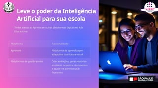 Leve o poder da Inteligência
Artificial para sua escola
Tenha acesso ao Aprimora e outras plataformas digitais no Hub
Educacional.
Plataforma Funcionalidade
Aprimora Plataforma de aprendizagem
adaptativa com tutora virtual
Plataformas de gestão escolar Criar avaliações, gerar relatórios
escolares, organizar documentos
e ajudar na administração
financeira
 