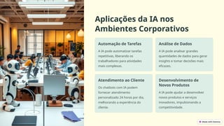 Aplicações da IA nos
Ambientes Corporativos
Automação de Tarefas
A IA pode automatizar tarefas
repetitivas, liberando os
trabalhadores para atividades
mais complexas.
Análise de Dados
A IA pode analisar grandes
quantidades de dados para gerar
insights e tomar decisões mais
eficazes.
Atendimento ao Cliente
Os chatbots com IA podem
fornecer atendimento
personalizado 24 horas por dia,
melhorando a experiência do
cliente.
Desenvolvimento de
Novos Produtos
A IA pode ajudar a desenvolver
novos produtos e serviços
inovadores, impulsionando a
competitividade.
 