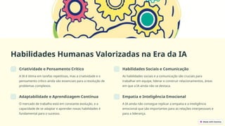 Habilidades Humanas Valorizadas na Era da IA
Criatividade e Pensamento Crítico
A IA é ótima em tarefas repetitivas, mas a criatividade e o
pensamento crítico ainda são essenciais para a resolução de
problemas complexos.
Habilidades Sociais e Comunicação
As habilidades sociais e a comunicação são cruciais para
trabalhar em equipe, liderar e construir relacionamentos, áreas
em que a IA ainda não se destaca.
Adaptabilidade e Aprendizagem Contínua
O mercado de trabalho está em constante evolução, e a
capacidade de se adaptar e aprender novas habilidades é
fundamental para o sucesso.
Empatia e Inteligência Emocional
A IA ainda não consegue replicar a empatia e a inteligência
emocional que são importantes para as relações interpessoais e
para a liderança.
 