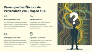 Preocupações Éticas e de
Privacidade em Relação à IA
Privacidade de Dados
A IA exige grandes quantidades de dados
para funcionar, o que levanta preocupações
sobre a privacidade e a segurança das
informações pessoais.
Viés Algorítmico
Os algoritmos de IA podem perpetuar
vieses existentes nos dados de
treinamento, levando a resultados injustos
ou discriminatórios.
Desemprego em Massa
A automação impulsionada pela IA pode
levar ao desemprego em massa, exigindo
repensar os modelos de trabalho e a
segurança social.
Segurança e Controlo
A IA pode ser usada para fins maliciosos,
como a criação de deepfakes e a
manipulação de informações, exigindo
medidas de segurança robustas.
 
