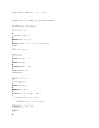 INTELIGENCIA EMOCIONAL EN EL AULA
¿Cuáles son las competencias emocionales?
COMPETENCIAS PERSONALES
Auto conciencia
•
Conciencia emocional
•
•••••Autovaloración
•
•••••Autoconfianza o Confianza en sí
mismo
Auto regulación
•
Autocontrol
•
•••••Confiabilidad
•
•••••Conciencia
•
•••••Adaptabilidad
•
•••••Innovación
Motivación
•
Impulso de Logro
•
•••••Compromiso
•
•••••Iniciativa
•
•••••Optimismo
•
•••••Catalización del cambio
•
•••••Constructor de lazos
•
•••••Colaboración y cooperación
•
Capacidades de equipo
COMPETENCIAS SOCIALES
Empatía
•
 