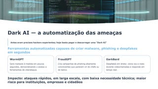 Dark AI — a automatização das ameaças
Antes eram precisos hackers experientes; hoje basta pagar e descarregar uma "Dark AI"
Ferramentas automatizadas capazes de criar malware, phishing e deepfakes
em segundos
WormGPT
Gera malware à medida em poucos
segundos, democratizando o acesso a
ferramentas de ciberataque.
FraudGPT
Cria campanhas de phishing altamente
convincentes que parecem vir do chefe ou
do banco.
DarkBard
Deepfakes em direto: clona voz e rosto
durante videochamadas e responde em
tempo real.
Impacto: ataques rápidos, em larga escala, com baixa necessidade técnica; maior
risco para instituições, empresas e cidadãos
 