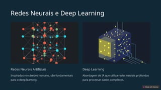 Redes Neurais e Deep Learning
Redes Neurais Artificiais
Inspiradas no cérebro humano, são fundamentais
para o deep learning.
Deep Learning
Abordagem de IA que utiliza redes neurais profundas
para processar dados complexos.
 