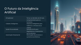 O Futuro da Inteligência
Artificial
IA Explicável Tornar as decisões de IA mais
compreensíveis para os
humanos.
Cidades Inteligentes Sistemas inteligentes para
melhorar a infraestrutura
urbana.
Saúde Personalizada Soluções de IA para
diagnósticos e tratamentos
personalizados.
Automação Empresarial Otimização de processos e
aumento da eficiência.
 