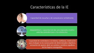 Características de la IE
Capacidad de escuchar y de comunicarse verbalmente.
Adaptabilidad y capacidad de dar una respuesta creativa
ante los contratiempos y los obstáculos.
Capacidad de controlarse a sí mismo, confianza, motivación
para trabajar en la consecución de determinados objetivos,
sensación de querer abrir un camino y sentirse orgulloso
de los logros conseguidos.
 