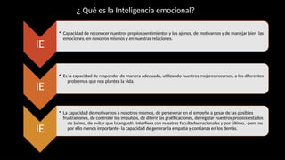 IE
• Capacidad de reconocer nuestros propios sentimientos y los ajenos, de motivarnos y de manejar bien las
emociones, en nosotros mismos y en nuestras relaciones.
IE
• Es la capacidad de responder de manera adecuada, utilizando nuestros mejores recursos, a los diferentes
problemas que nos plantea la vida.
IE
• La capacidad de motivarnos a nosotros mismos, de perseverar en el empeño a pesar de las posibles
frustraciones, de controlar los impulsos, de diferir las gratificaciones, de regular nuestros propios estados
de ánimo, de evitar que la angustia interfiera con nuestras facultades racionales y por último, -pero no
por ello menos importante- la capacidad de generar la empatía y confianza en los demás.
¿ Qué es la Inteligencia emocional?
 