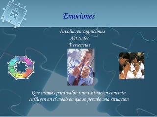 Involucran cogniciones Actitudes Y creencias Que usamos para valorar una situación concreta. Influyen en el modo en que se percibe una situación  Emociones  