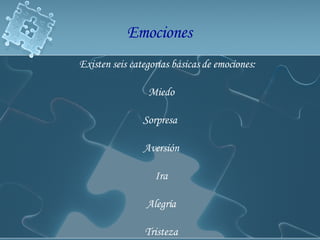 Existen seis categorías básicas de emociones: Miedo Sorpresa  Aversión Ira Alegría Tristeza Emociones  