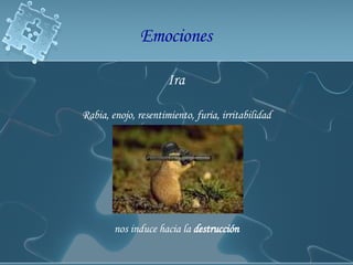 Ira  Rabia, enojo, resentimiento, furia, irritabilidad  nos induce hacia la  destrucción   Emociones  