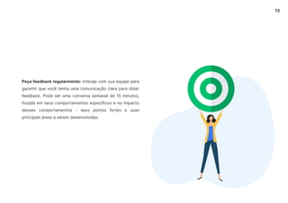 13
Peça feedback regularmente: interaja com sua equipe para
garantir que você tenha uma comunicação clara para obter
feedback. Pode ser uma conversa semanal de 15 minutos,
focada em seus comportamentos específicos e no impacto
desses comportamentos - seus pontos fortes e suas
principais áreas a serem desenvolvidas.
 