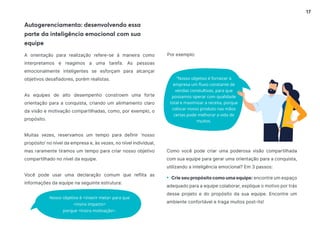17
Autogerenciamento: desenvolvendo essa
parte da inteligência emocional com sua
equipe
A orientação para realização refere-se à maneira como
interpretamos e reagimos a uma tarefa. As pessoas
emocionalmente inteligentes se esforçam para alcançar
objetivos desafiadores, porém realistas.
As equipes de alto desempenho constroem uma forte
orientação para a conquista, criando um alinhamento claro
da visão e motivação compartilhadas, como, por exemplo, o
propósito.
Muitas vezes, reservamos um tempo para definir ‘nosso
propósito’ no nível da empresa e, às vezes, no nível individual,
mas raramente tiramos um tempo para criar nosso objetivo
compartilhado no nível da equipe.
Você pode usar uma declaração comum que reflita as
informações da equipe na seguinte estrutura:
Como você pode criar uma poderosa visão compartilhada
com sua equipe para gerar uma orientação para a conquista,
utilizando a inteligência emocional? Em 3 passos:
• Crie seu propósito como uma equipe: encontre um espaço
adequado para a equipe colaborar, explique o motivo por trás
desse projeto e do propósito da sua equipe. Encontre um
ambiente confortável e traga muitos post-its!
“Nosso objetivo é fornecer à
empresa um fluxo constante de
vendas constultivas, para que
possamos operar com qualidade
total e maximizar a receita, porque
colocar nosso produto nas mãos
certas pode melhorar a vida de
muitos.
Nosso objetivo é inserir meta para que
insira impacto
porque insira motivação.
Por exemplo:
 