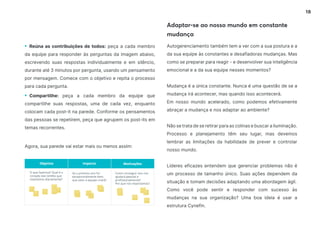 18
• Reúna as contribuições de todos: peça a cada membro
da equipe para responder às perguntas da imagem abaixo,
escrevendo suas respostas individualmente e em silêncio,
durante até 3 minutos por pergunta, usando um pensamento
por mensagem. Comece com o objetivo e repita o processo
para cada pergunta.
• Compartilhe: peça a cada membro da equipe que
compartilhe suas respostas, uma de cada vez, enquanto
colocam cada post-it na parede. Conforme os pensamentos
das pessoas se repetirem, peça que agrupem os post-its em
temas recorrentes.
Agora, sua parede vai estar mais ou menos assim:
Adaptar-se ao nosso mundo em constante
mudança
Autogerenciamento também tem a ver com a sua postura e a
da sua equipe às constantes e desafiadoras mudanças. Mas
como se preparar para reagir - e desenvolver sua inteligência
emocional e a da sua equipe nesses momentos?
Mudança é a única constante. Nunca é uma questão de se a
mudança irá acontecer, mas quando isso acontecerá.
Em nosso mundo acelerado, como podemos efetivamente
abraçar a mudança e nos adaptar ao ambiente?
Não se trata de se retirar para as colinas e buscar a iluminação.
Processo e planejamento têm seu lugar, mas devemos
lembrar as limitações da habilidade de prever e controlar
nosso mundo.
Líderes eficazes entendem que gerenciar problemas não é
um processo de tamanho único. Suas ações dependem da
situação e tomam decisões adaptando uma abordagem ágil.
Como você pode sentir e responder com sucesso às
mudanças na sua organização? Uma boa ideia é usar a
estrutura Cynefin.
 