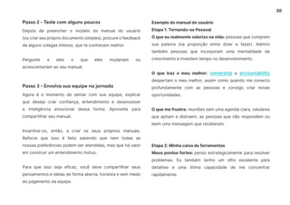 30
Depois de preencher o modelo do manual do usuário
(ou criar seu próprio documento simples), procure o feedback
de alguns colegas íntimos, que te conhecem melhor.
Pergunte a eles o que eles mudariam ou
acrescentariam ao seu manual.
Exemplo do manual do usuário
Etapa 1: Tornando-se Pessoal
O que eu realmente valorizo na vida: pessoas que cumprem
sua palavra (na proporção entre dizer e fazer). Admiro
também pessoas que incorporam uma mentalidade de
crescimento e investem tempo no desenvolvimento.
O que traz o meu melhor: ownership e accountability
despertam o meu melhor, assim como quando me conecto
profundamente com as pessoas e consigo criar novas
oportunidades.
O que me frustra: reuniões sem uma agenda clara, celulares
que apitam e distraem, as pessoas que não respondem ou
leem uma mensagem que receberam.
Etapa 2: Minha caixa de ferramentas
Meus pontos fortes: penso estrategicamente para resolver
problemas. Eu também tenho um olho excelente para
detalhes e uma ótima capacidade de me concentrar
rapidamente.
Agora é o momento de sentar com sua equipe, explicar
que deseja criar confiança, entendimento e desenvolver
a inteligência emocional dessa forma. Aproveite para
compartilhar seu manual.
Incentive-os, então, a criar os seus próprios manuais.
Reforce que isso é feito sabendo que nem todas as
nossas preferências podem ser atendidas, mas que há valor
em construir um entendimento mútuo.
Para que isso seja eficaz, você deve compartilhar seus
pensamentos e ideias de forma aberta, honesta e sem medo
do julgamento da equipe.
Passo 2 - Teste com alguns poucos
Passo 3 - Envolva sua equipe na jornada
 