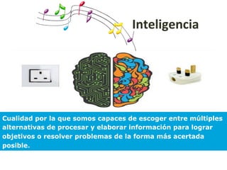 Inteligencia	
Cualidad por la que somos capaces de escoger entre múltiples
alternativas de procesar y elaborar información para lograr
objetivos o resolver problemas de la forma más acertada
posible.
 