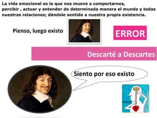 La vida emocional es la que nos mueve a comportarnos,
percibir , actuar y entender de determinada manera el mundo y todas
nuestras relaciones; dándole sentido a nuestra propia existencia.
Descarté	a	Descartes	
Siento	por	eso	existo	
Pienso,	luego	existo	
ERROR	
 