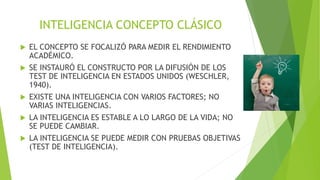 INTELIGENCIA CONCEPTO CLÁSICO
 EL CONCEPTO SE FOCALIZÓ PARA MEDIR EL RENDIMIENTO
ACADÉMICO.
 SE INSTAURÓ EL CONSTRUCTO POR LA DIFUSIÓN DE LOS
TEST DE INTELIGENCIA EN ESTADOS UNIDOS (WESCHLER,
1940).
 EXISTE UNA INTELIGENCIA CON VARIOS FACTORES; NO
VARIAS INTELIGENCIAS.
 LA INTELIGENCIA ES ESTABLE A LO LARGO DE LA VIDA; NO
SE PUEDE CAMBIAR.
 LA INTELIGENCIA SE PUEDE MEDIR CON PRUEBAS OBJETIVAS
(TEST DE INTELIGENCIA).
 