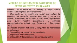 MODELO DE INTELIGENCIA EMOCIONAL DE
PETER SALOVEY Y JOHN MAYER
Primera conceptualización de Salovey y Mayer (1990)
definía la inteligencia emocional como:
Una parte de la inteligencia social que incluye la
capacidad de controlar nuestras emociones y las de los
demás, discriminar entre ellas y usar dicha información
para guiar nuestro pensamiento y nuestros
comportamientos (citado por Extremera y Fernández,
2015).
Su modelo original distinguía 3 conjuntos de habilidades
emocionales:
1. Evaluación y expresión de las emociones.
2. Regulación de las emociones.
3. Utilización de las emociones de forma adaptativa.
 