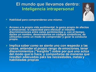 El mundo que llevamos dentro:  Inteligencia intrapersonal Habilidad para comprenderse uno mismo .  Acceso a la propia vida sentimental, la gama propia de afectos o emociones; la capacidad para efectuar al instante discriminaciones entre estos sentimientos y, con el tiempo, darles un nombre, desenredarlos en códigos simbólicos, de utilizarlos como un modo de comprender y guiar la conducta propia.  Implica saber como se siente uno con respecto a las cosas, entender el propio rango de emociones, tener discernimientos ("insights") sobre por qué uno actúa del modo que lo hace, y comportarse de maneras que resulten adecuadas para las necesidades, metas y habilidades propias  