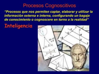 Procesos Cognoscitivos
“Procesos que nos permiten captar, elaborar y utilizar la
información externa e interna, configurando un bagaje
de conocimiento o cognoscere en torno a la realidad”
Inteligencia
 