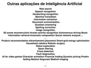 31
Web search
Speech recognition
Handwriting recognition
Machine translation
Information extraction
Document summarization
Question answering
Spelling correction
Image recognition
3D scene reconstruction Human activity recognition Autonomous driving Music
information retrieval Automatic composition Social network analysis ...
...
Product recommendation Advertisement placement Smart-grid energy optimization
Household robotics Robotic surgery
Robot exploration
Spam ﬁltering
Fraud detection
Fault diagnostics
AI for video games Character animation Financial trading Dynamic pricing Protein
folding Medical diagnosis Medical imaging
Outras aplicações de Inteligência Artiﬁcial
 