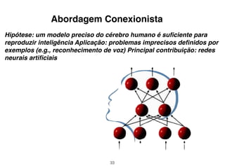 33
Hipótese: um modelo preciso do cérebro humano é suﬁciente para
reproduzir inteligência Aplicação: problemas imprecisos deﬁnidos por
exemplos (e.g., reconhecimento de voz) Principal contribuição: redes
neurais artiﬁciais
Abordagem Conexionista
 