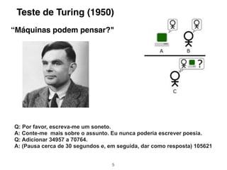 Teste de Turing (1950)
5
“Máquinas podem pensar?"
Q: Por favor, escreva-me um soneto.
A: Conte-me mais sobre o assunto. Eu nunca poderia escrever poesia.
Q: Adicionar 34957 a 70764.
A: (Pausa cerca de 30 segundos e, em seguida, dar como resposta) 105621
 