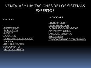 VENTAJAS Y LIMITACIONES DE LOS SISTEMAS EXPERTOSLIMITACIONES.SENTIDO COMUN.LENGUAJE NATURAL. CAPACIDAD DE APRENDIZAJE.PERSPECTIVA GLOBAL.CAPACIDAD SENSORIAL. FLEXIBILIDAD.CONOCIMIENTO NO ESTRUCTURADOVENTAJAS .PERMANENCIA. DUPLICACION.RAPIDEZ.BAJO COSTO.CAPACIDAD DE DUPLICACION.FIABILIDAD.CONSOLIDA VARIOS CONOCIMIENTOS.APOYO ACADEMICO