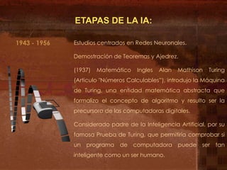 ETAPAS DE LA IA:

1943 - 1956   Estudios centrados en Redes Neuronales.

              Demostración de Teoremas y Ajedrez.

              (1937)   Matemático    Ingles   Alan   Mathison   Turing
              (Articulo "Números Calculables”), introdujo la Máquina
              de Turing, una entidad matemática abstracta que
              formalizo el concepto de algoritmo y resulto ser la
              precursora de las computadoras digitales.

              Considerado padre de la Inteligencia Artificial, por su
              famosa Prueba de Turing, que permitiría comprobar si
              un   programa de computadora puede            ser   tan
              inteligente como un ser humano.
 