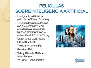 PELICULAS
SOBREINTELIGENCIA ARTIFICIAL
   Inteligencia artificial, la
    película de Steven Spielberg
   ¿Sueñan los androides con
    ovejas eléctricas?, y su
    adaptación al cine Blade
    Runner. Comienza con la
    aplicación del Test de Turing.
   Ghost in the Shell, anime,
    películas y serie.
   The Matrix, la trilogía.
   Resident Evil.
   Vida y Obra de Multivac,
    Isaac Asimov.
   Yo, robot, Isaac Asimov.
 