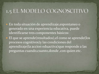  En toda situación de aprendizaje,espontaneo o
  generado en una experiencia educativa, puede
  identificarse tres componentes básicos:
 El que se aprende(resultados),el como se aprende(los
  procesos cognitivos)y las condiciones del
  aprendizaje(la accion eduactiva)que responde a las
  preguntas cuando,cuanto,donde ,con quien etc.
 