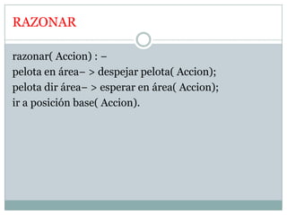 RAZONAR
razonar( Accion) : −
pelota en área− > despejar pelota( Accion);
pelota dir área− > esperar en área( Accion);
ir a posición base( Accion).
 