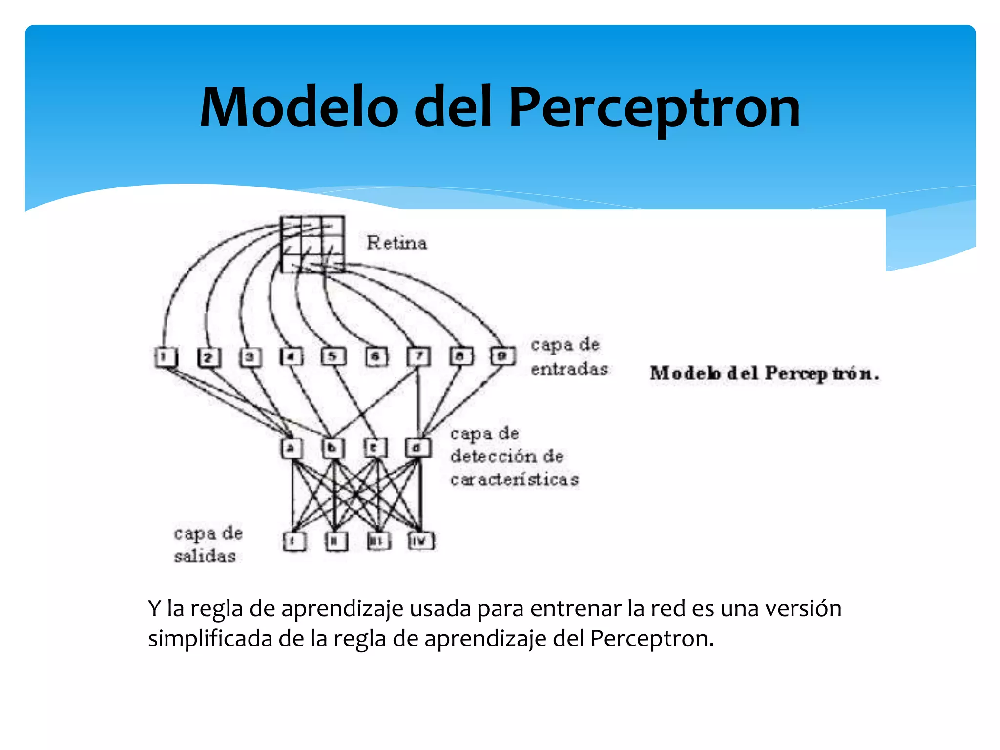 Modelo del Perceptron
Y la regla de aprendizaje usada para entrenar la red es una versión
simplificada de la regla de aprendizaje del Perceptron.
 
