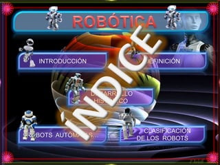 ROBOTS AUTÓMATAS…
DESARROLLO
HISTÓRICO
CLASIFICACIÓN
DE LOS ROBOTS
INTRODUCCIÓN DEFINICIÓN
 
