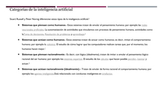 Categorías de la inteligencia artificial
Stuart Russell y Peter Norvig diferencian estos tipos de la inteligencia artificial:5
 Sistemas que piensan como humanos.- Estos sistemas tratan de emular el pensamiento humano; por ejemplo las redes
neuronales artificiales. La automatización de actividades que vinculamos con procesos de pensamiento humano, actividades como
laToma de decisiones, Resolución de problemas y aprendizaje.6
 Sistemas que actúan como humanos.- Estos sistemas tratan de actuar como humanos; es decir, imitan el comportamiento
humano; por ejemplo la robótica. El estudio de cómo lograr que los computadores realicen tareas que, por el momento, los
humanos hacen mejor.7
 Sistemas que piensan racionalmente.- Es decir, con lógica (idealmente), tratan de imitar o emular el pensamiento lógico
racional del ser humano; por ejemplo los sistemas expertos. El estudio de los cálculos que hacen posible percibir, razonar y
actuar.8
 Sistemas que actúan racionalmente (idealmente).– Tratan de emular de forma racional el comportamiento humano; por
ejemplo los agentes inteligentes.Está relacionado con conductas inteligentes en artefactos.
 